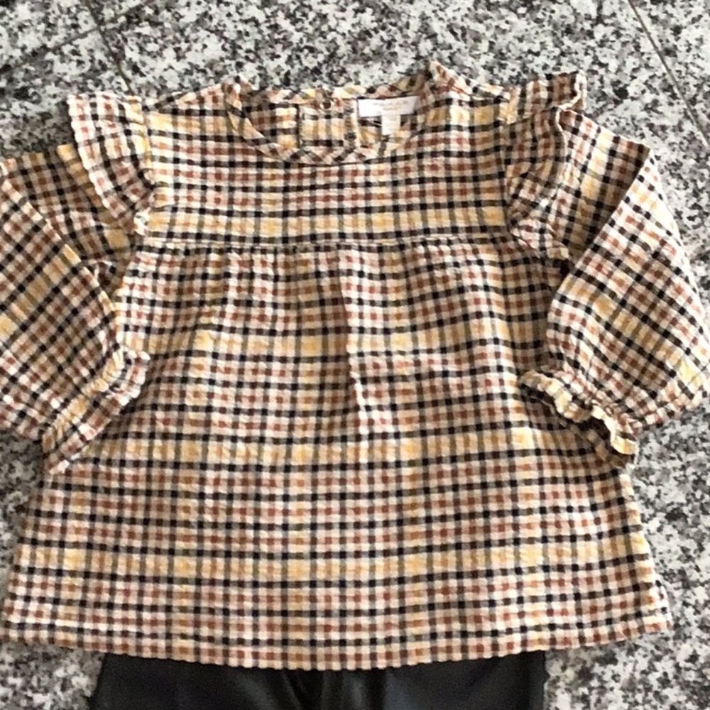 Plaid ruffle-yoke top with faux leather pants - Picture 3 of 4